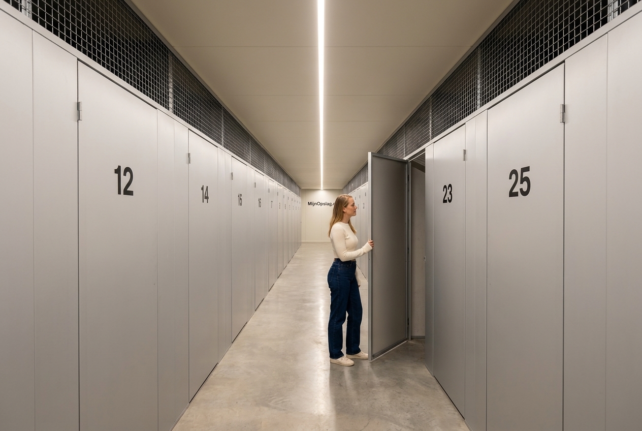 Self-storage unit met openslaande deur die net geopend wordt, polished concrete vloer en lichte aluminium wanden