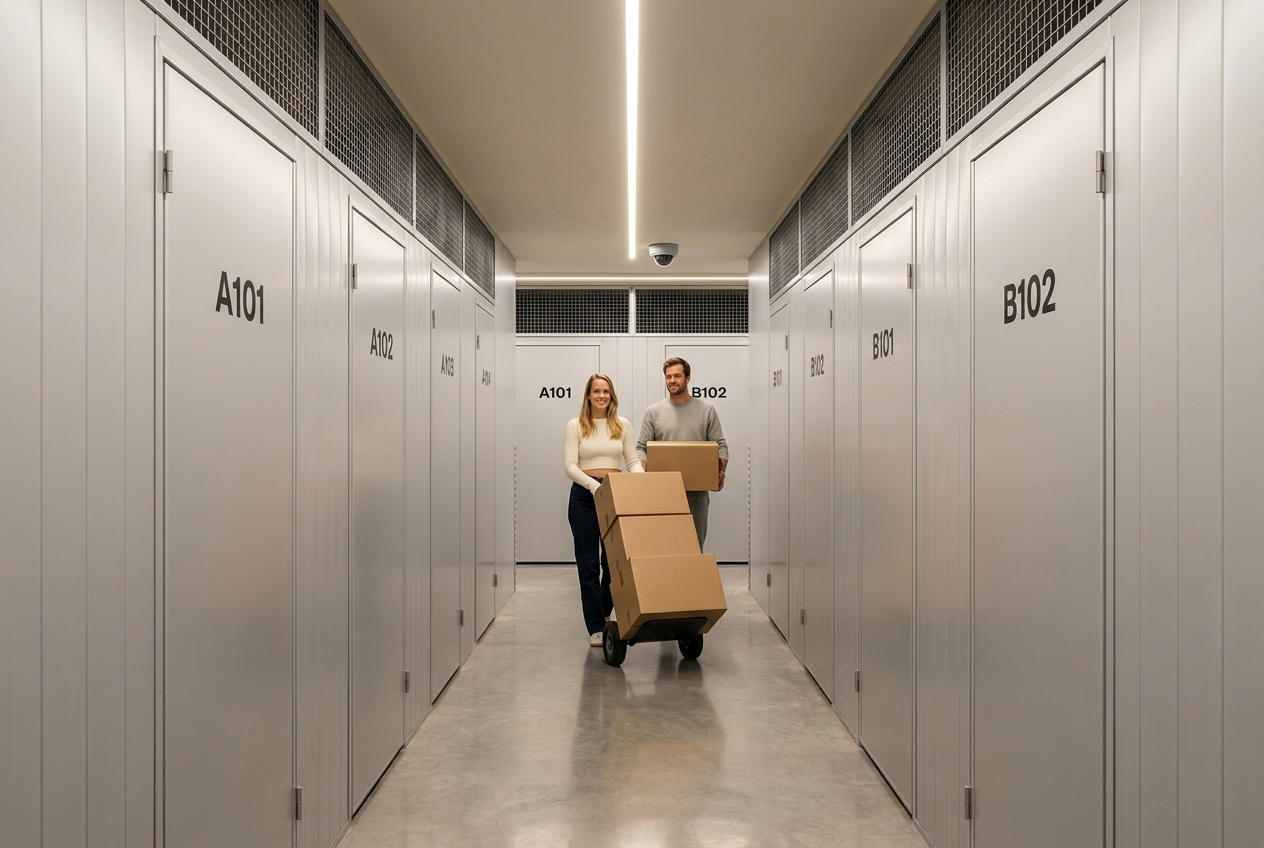 Smalle self-storage gang met openslaande deuren, doorlopende mesh-strip langs het plafond en AI-camera op de kruising