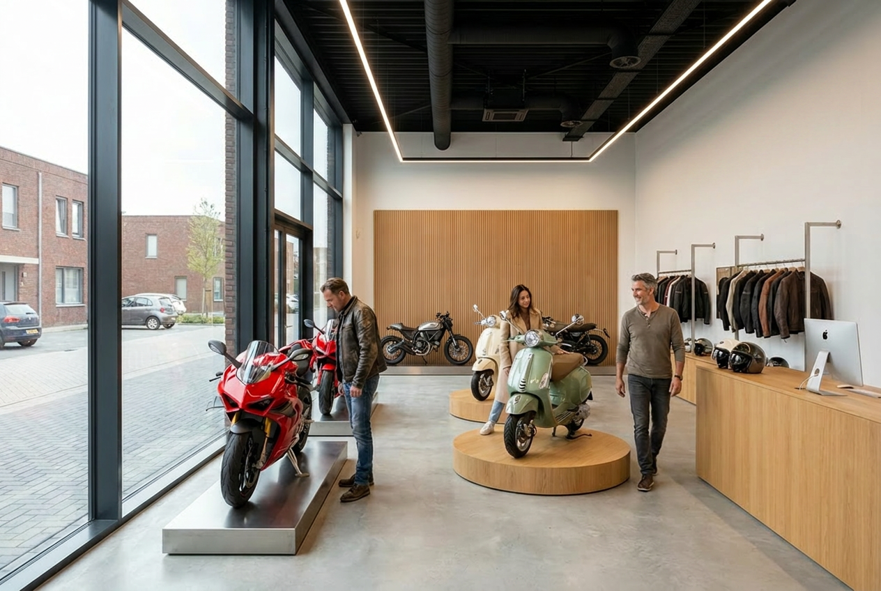 Voorbeeld inrichting showroom 117 m² als motorshowroom