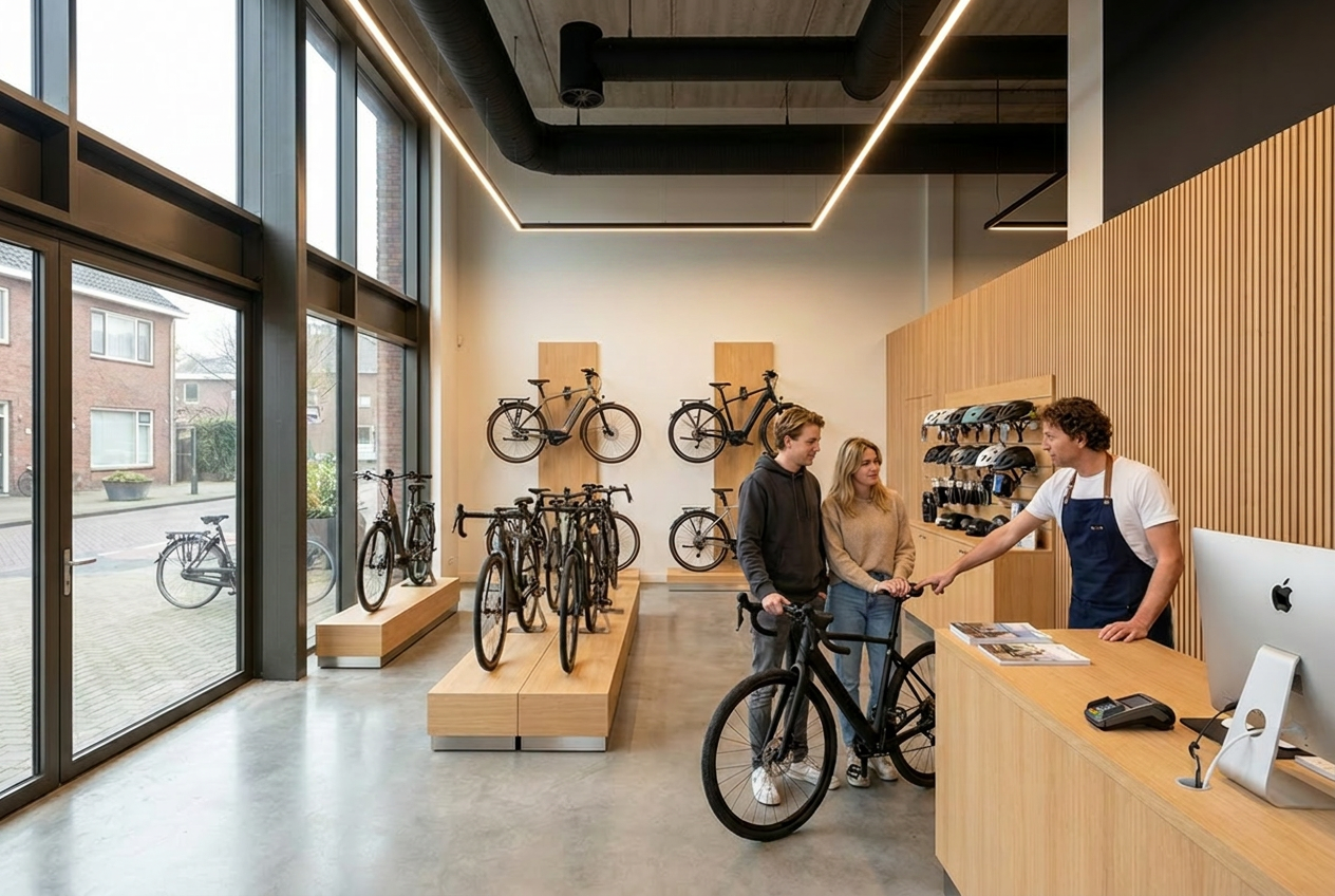 Voorbeeld inrichting showroom 93 m² als premium fietsenwinkel
