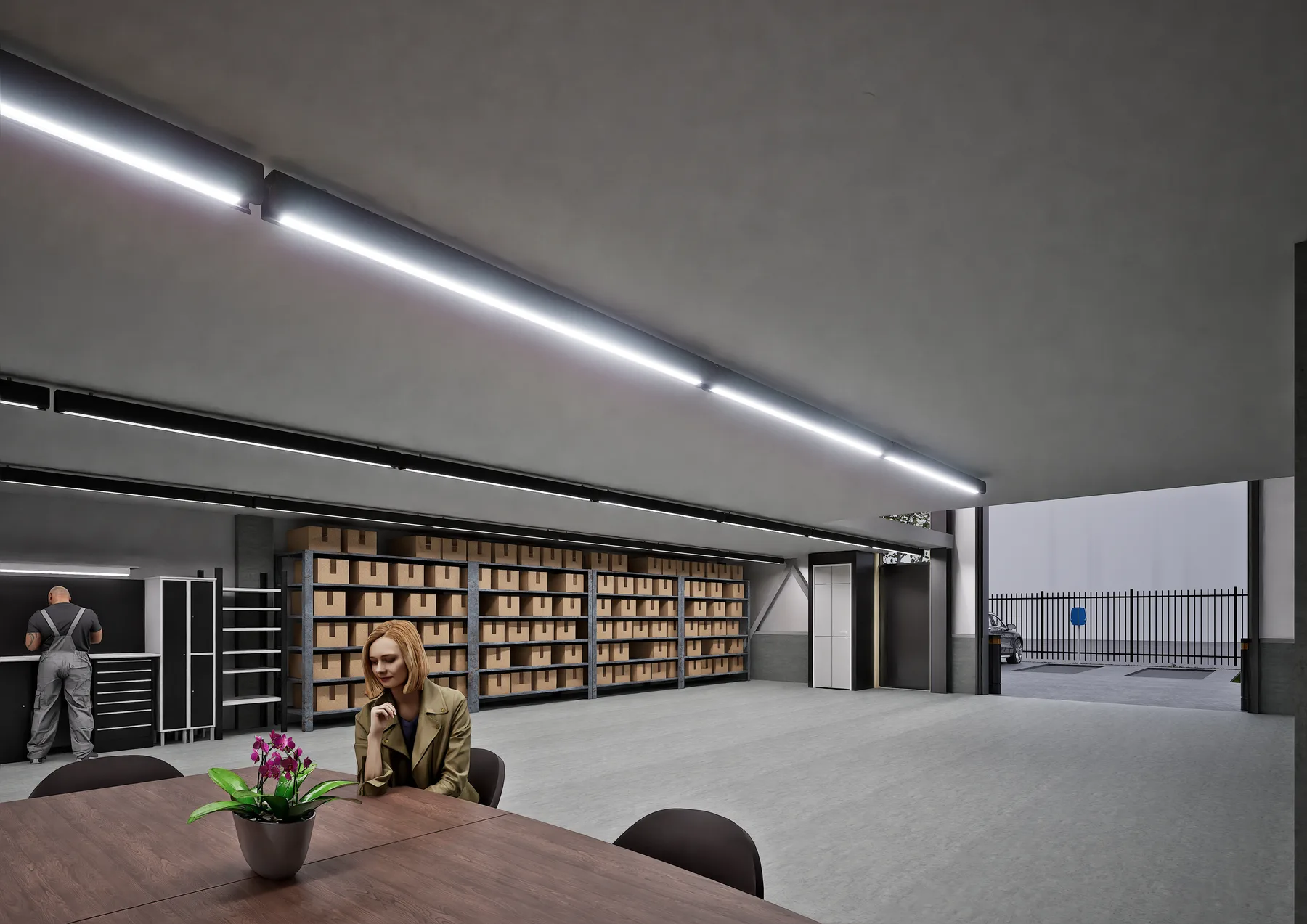Interieur van een Premium Unit met werkplek, vergadertafel en stellingen